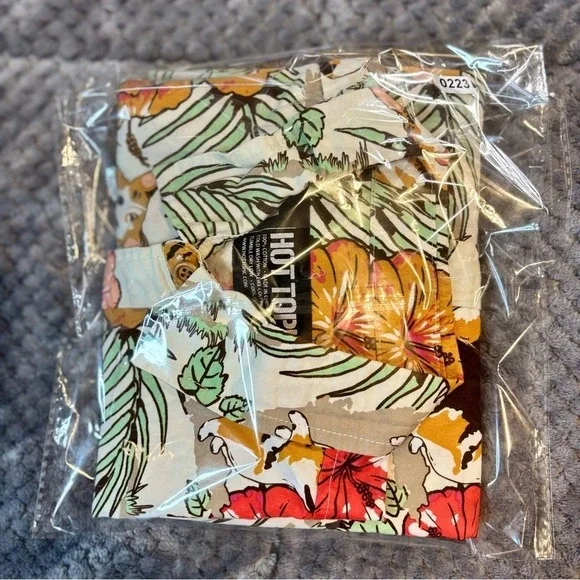 Hot Topic Corgi Tropical Hibiscus Floral Button Up Shirt Mens Medium Cream Short - Picture 6 of 6